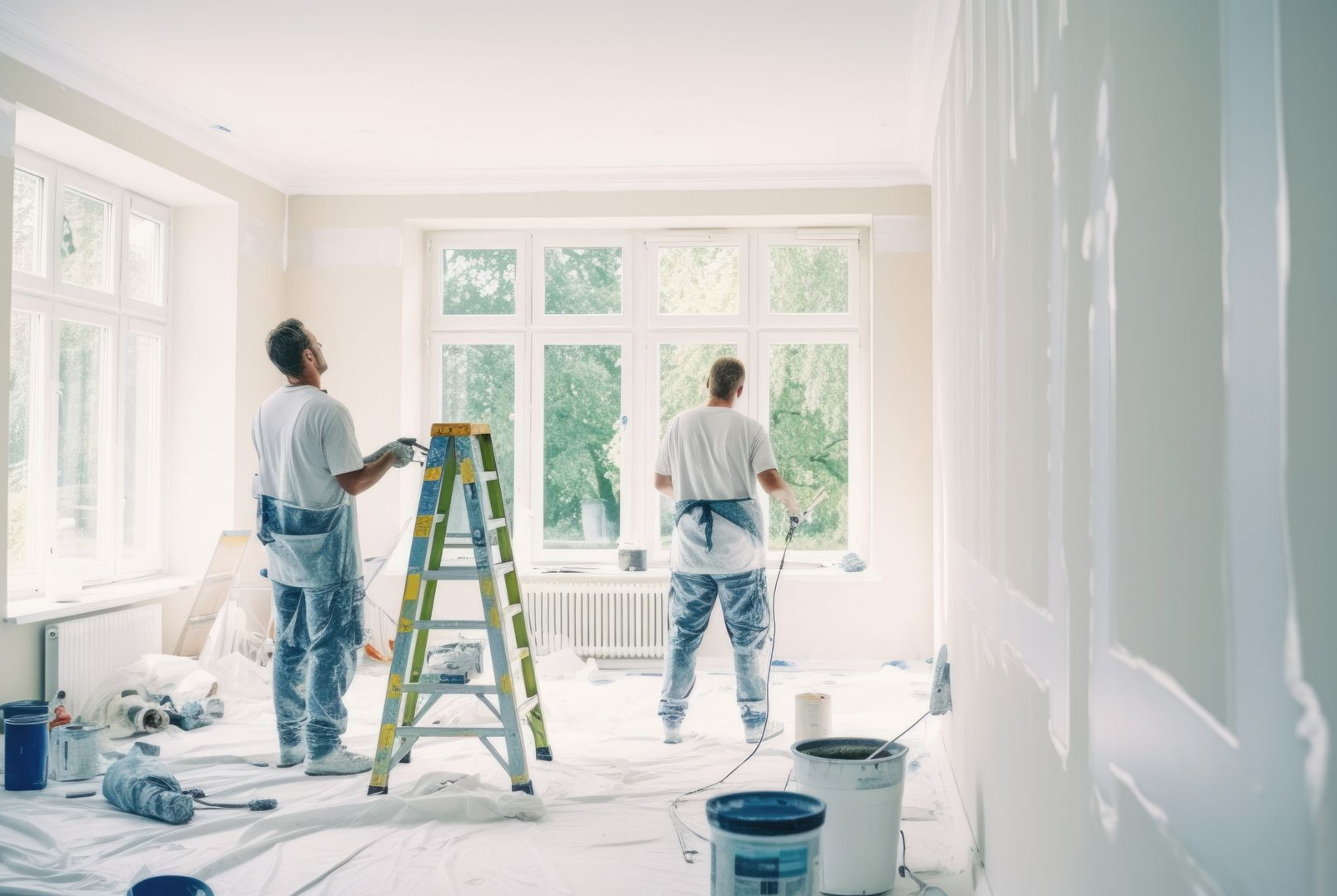 Deux peintres en salopettes blanches peignent une pièce aux murs blancs, avec une échelle et une fenêtre.