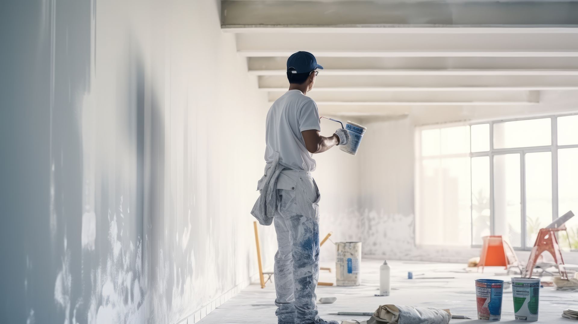 Un peintre en combinaison blanche tient un pot de peinture dans une pièce en travaux, en train de peindre un mur.