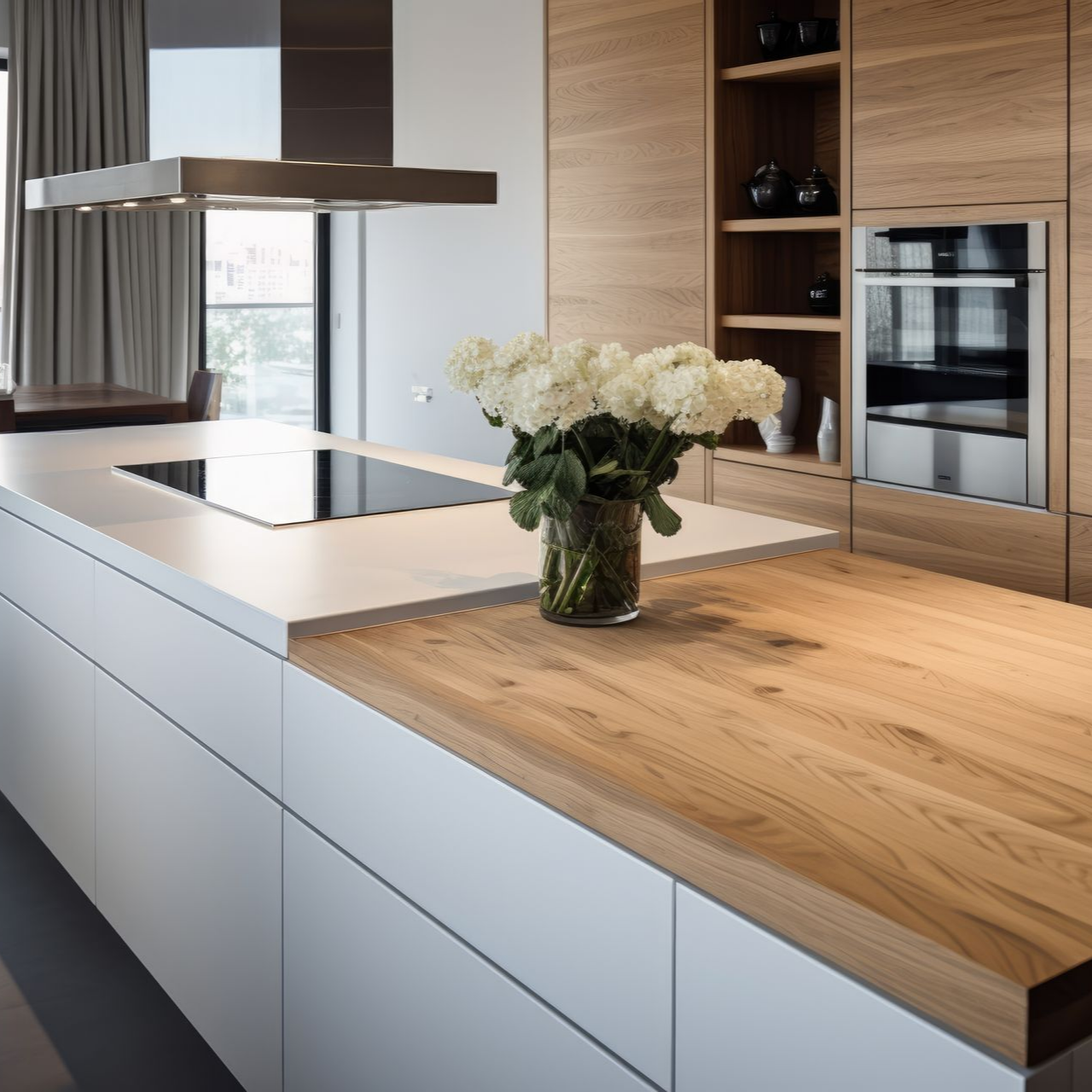 Cuisine moderne avec comptoirs blancs et accents de bois, agrémentée d'un arrangement floral.