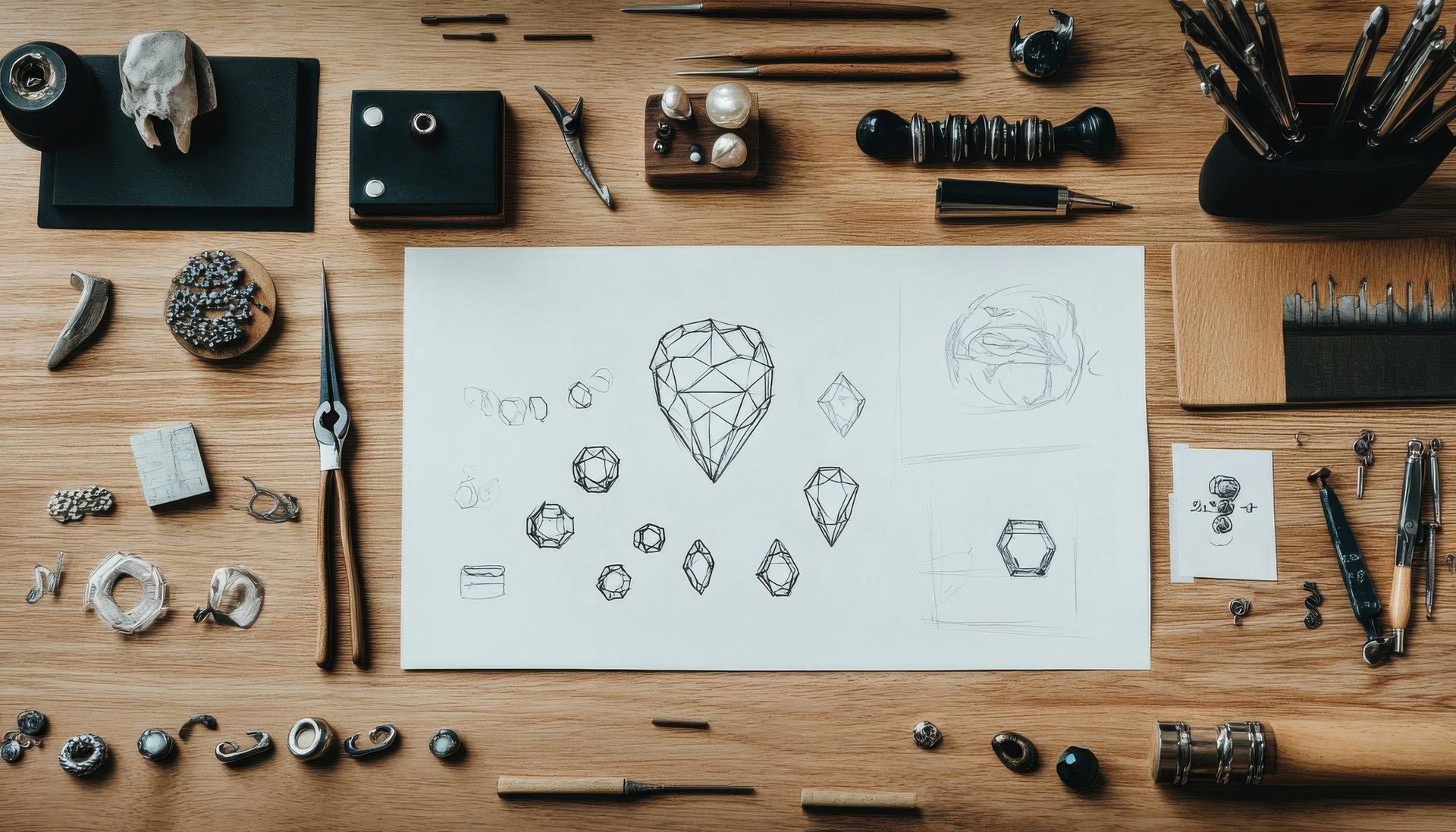 Juwelierwerkbank mit Werkzeugen, Skizzen von Edelsteinen und Schmuckkomponenten auf einer Holzoberfläche.