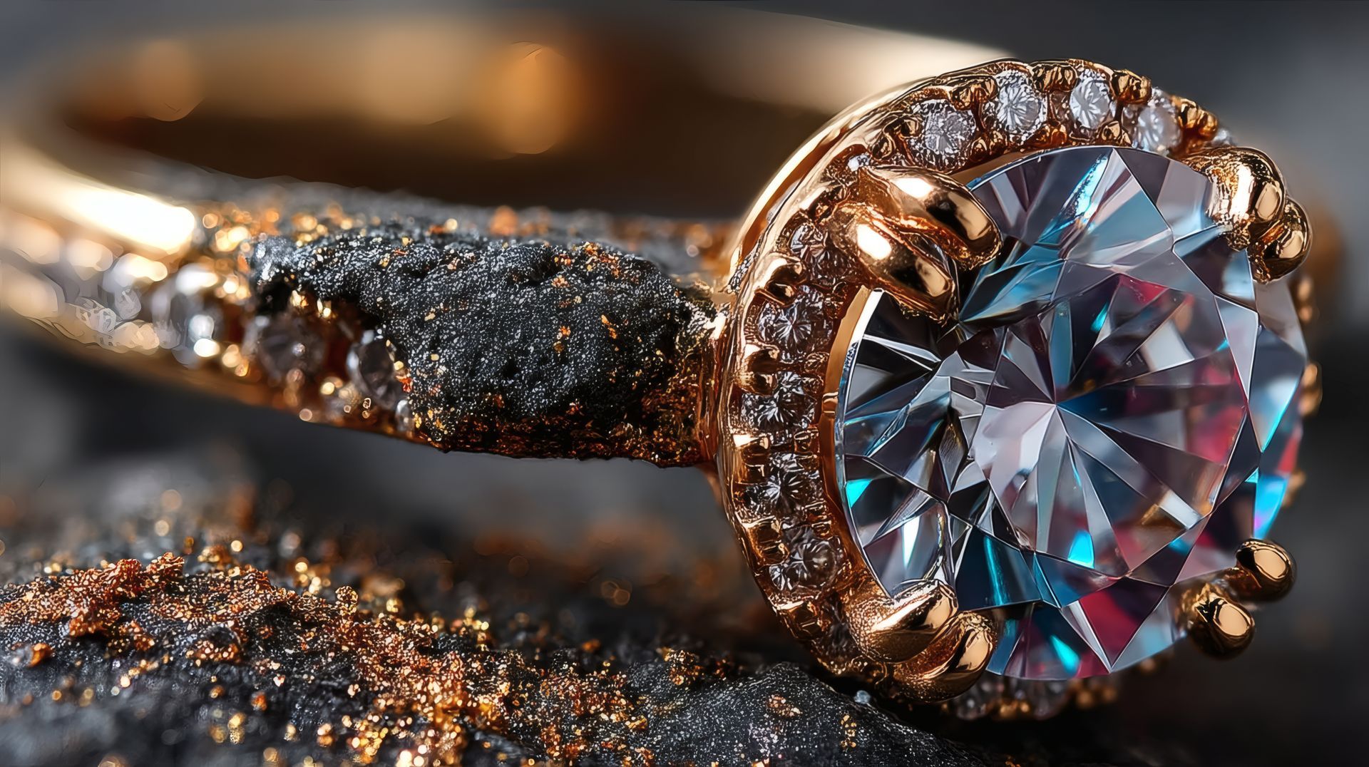 Goldring mit einem großen, facettierten Diamanten und umgebenden kleineren Diamanten, eingefasst auf einer dunklen, strukturierten Oberfläche.