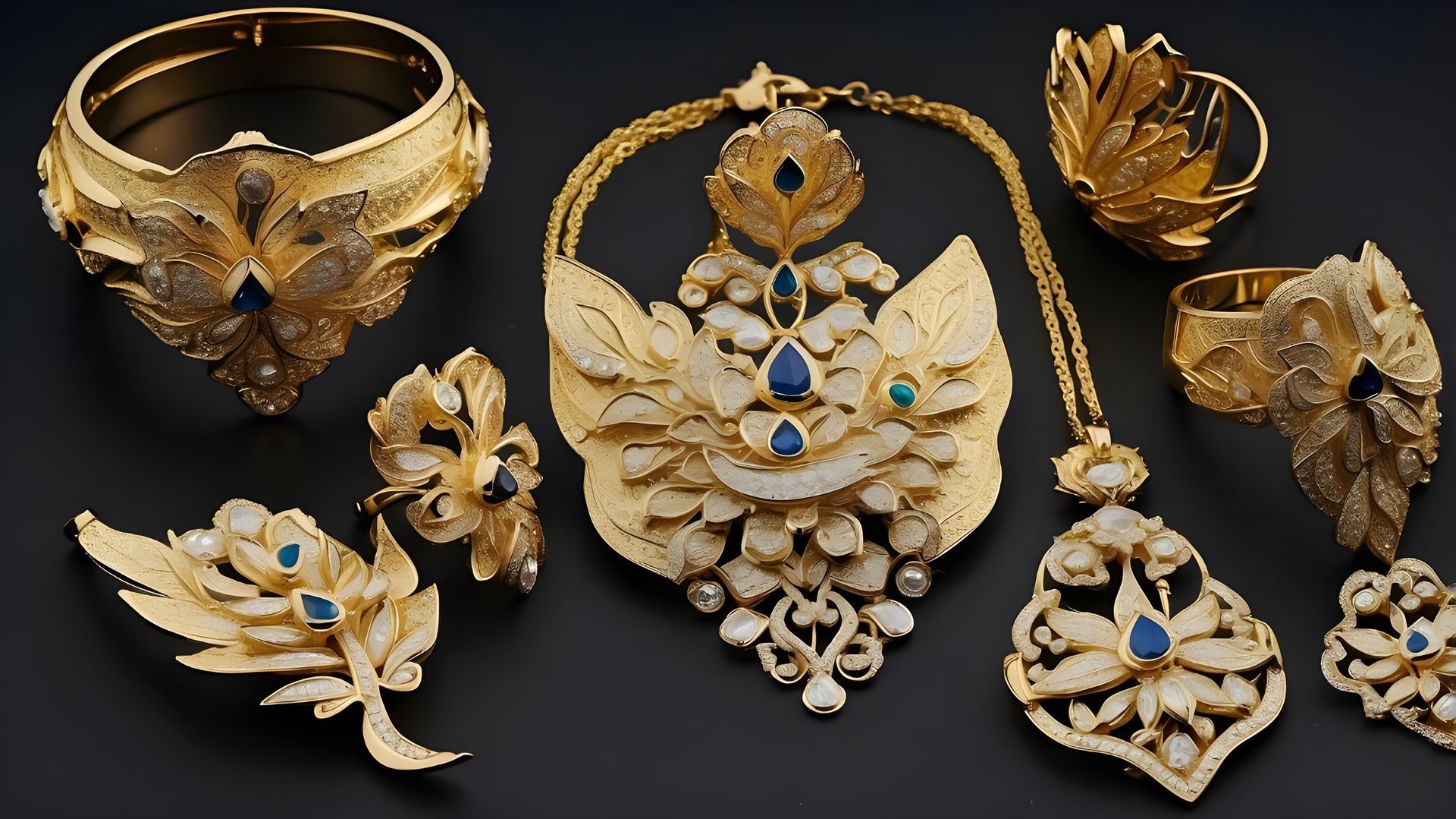 Goldenes Schmuckset auf einer schwarzen Oberfläche. Enthält Halskette, Armbänder, Ring, Ohrringe und eine Brosche, alle mit Blumen- und Perlendetails.