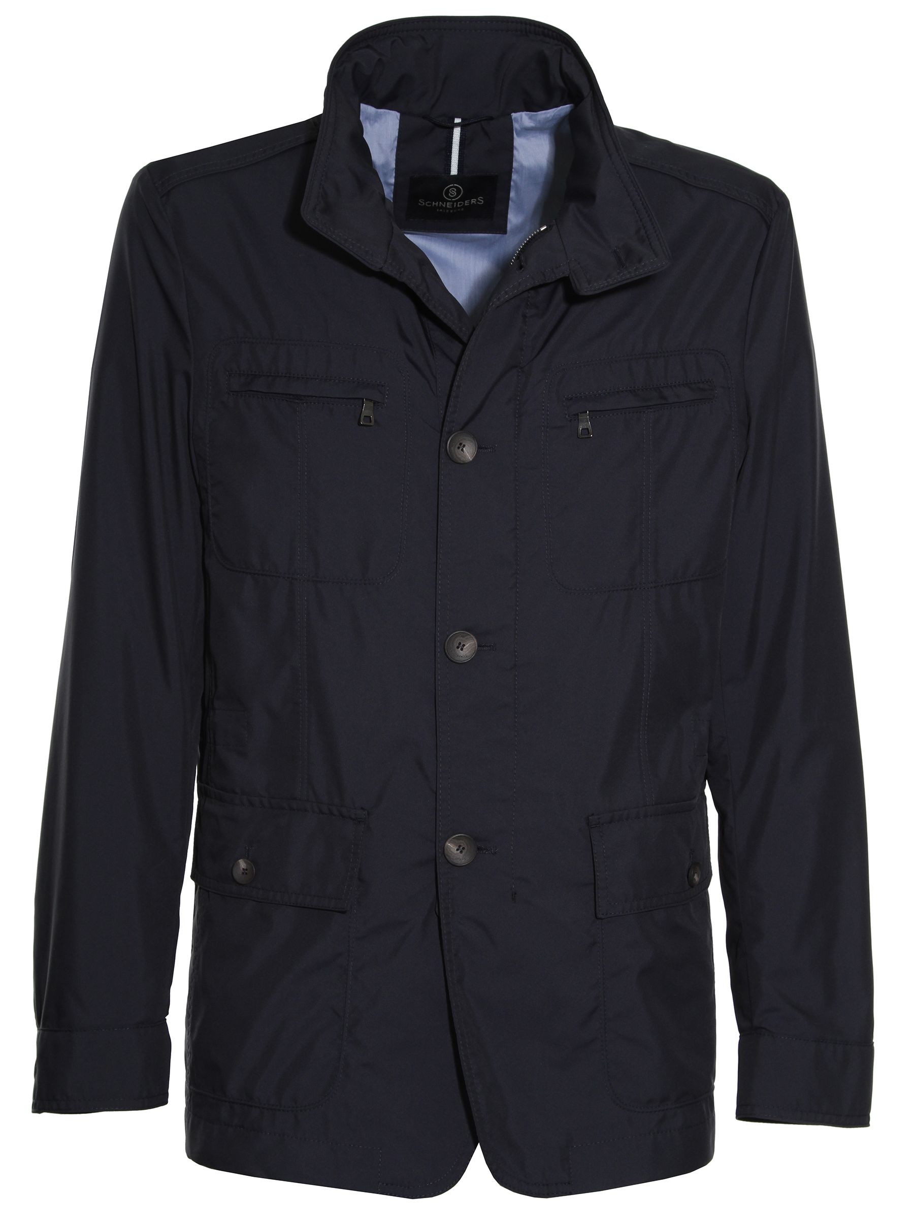 Veste bleu marine avec col, fermeture boutonnée et poches.