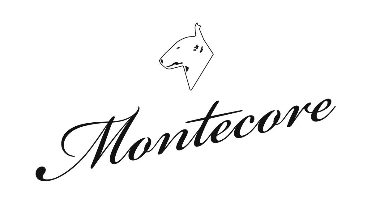 Logo de Montecore, comportant une inscription manuscrite et la silhouette d'une tête de bouledogue.