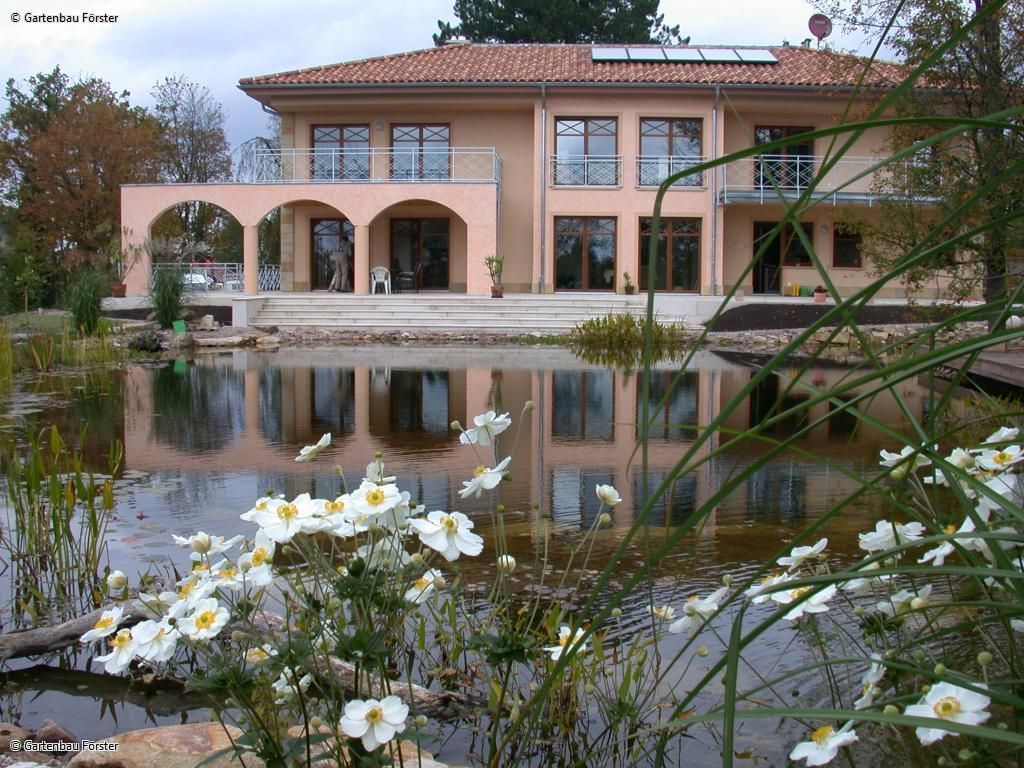 Teich vor großem Haus