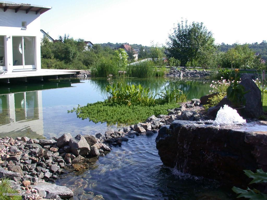 große Teichanlage mit Springbrunnen in Naturstein