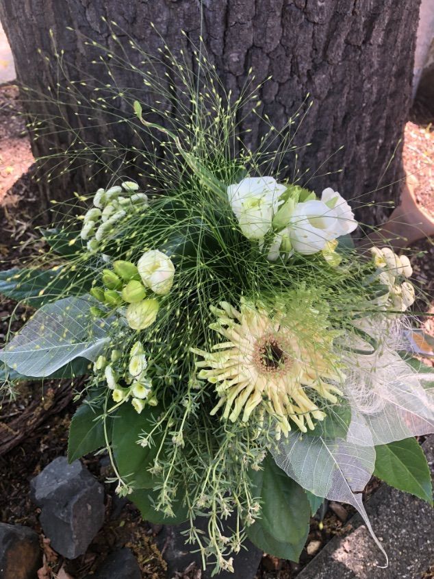 Schlichter Strauß aus weißen Blüten und feinen, langen Gräsern vor Baumrinde.