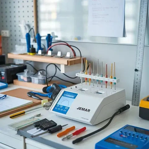 Una máquina jemar está sobre un escritorio rodeada de herramientas.