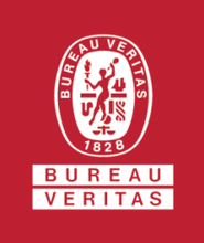 Logotipo de Bureau Veritas: fondo rojo con emblema blanco que representa una figura con una antorcha y una balanza. Texto