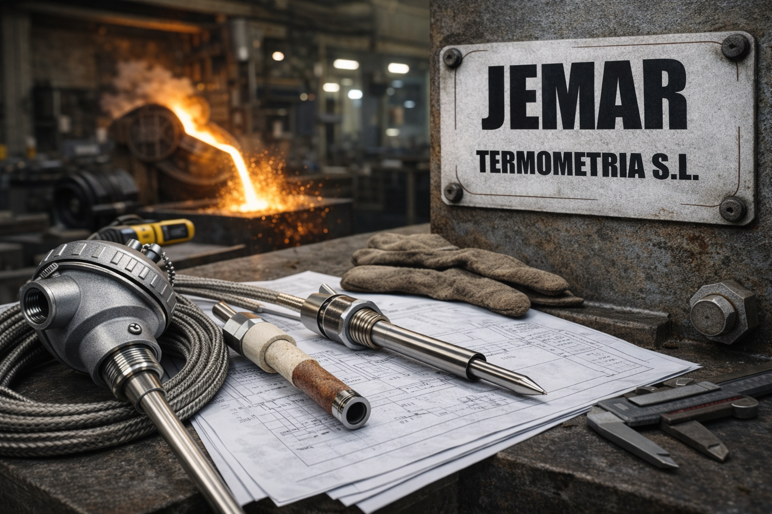 Termopares industriales Jemar Termometría sobre planos técnicos en entorno de fabricación metalúrgica