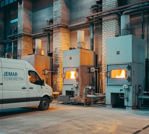 Una furgoneta Jemar blanca está estacionada en una fábrica.