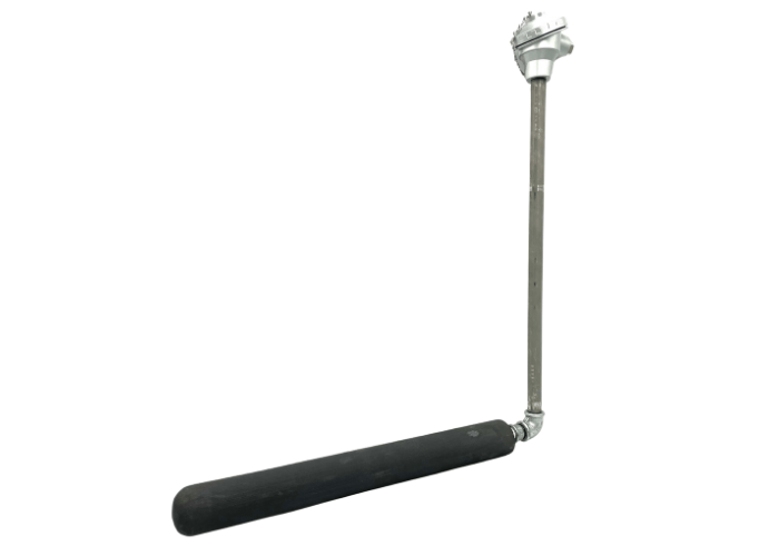 Sonda de termopar con funda protectora negra y cabezal metálico.