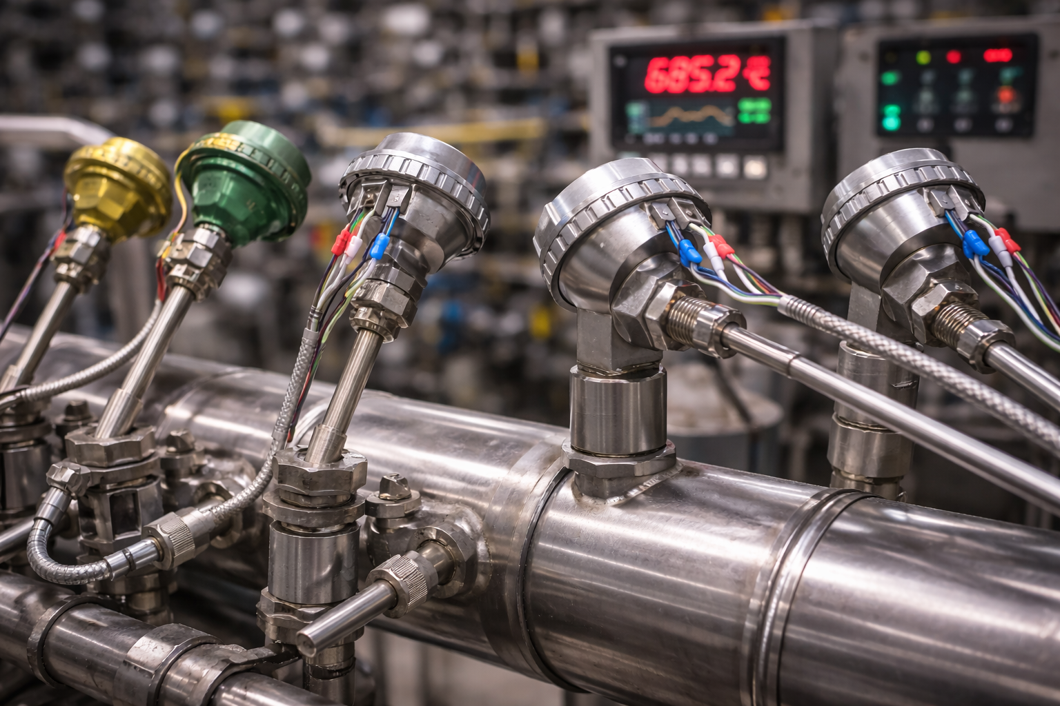 Instalación industrial de termopares y sondas PT100 en tubería de proceso con cabezal metálico