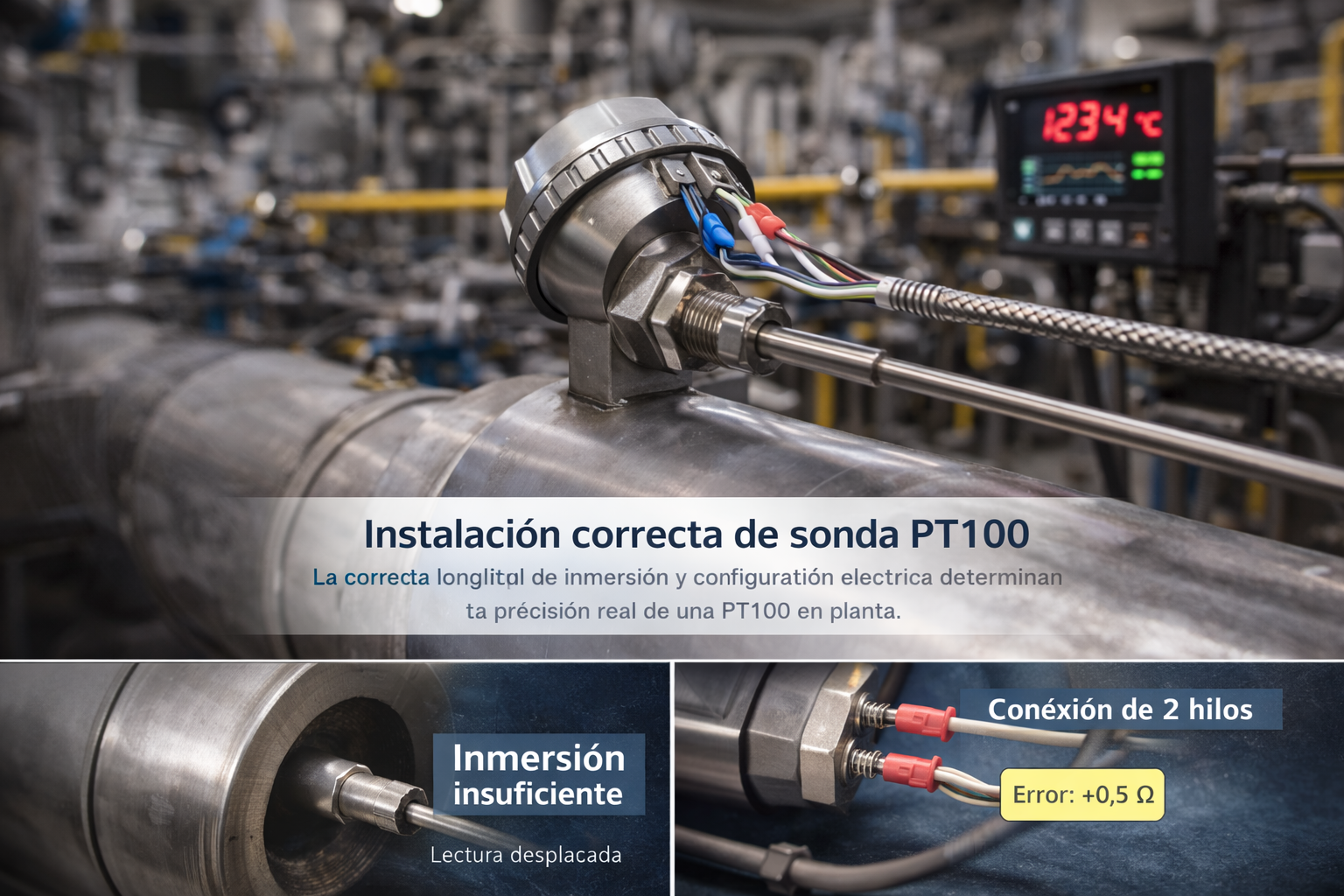Instalación industrial de termopares y sondas PT100 en línea de proceso con cabezales y conexiones roscadas