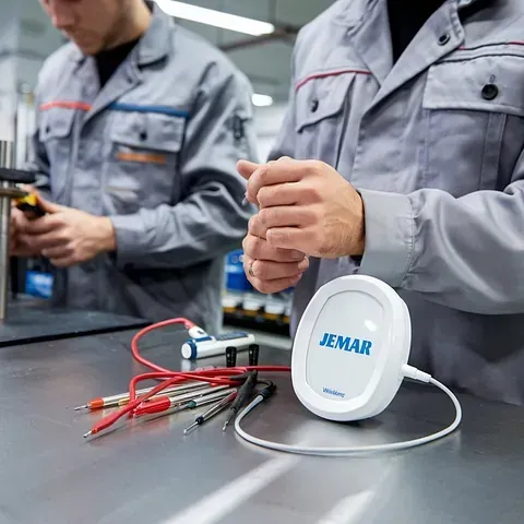 Dos hombres están trabajando en un dispositivo jemar sobre una mesa.