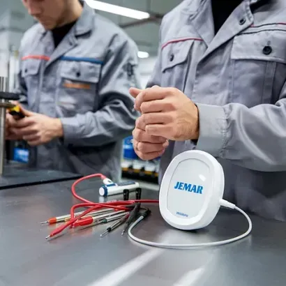 Dos hombres están trabajando en un dispositivo jemar sobre una mesa.