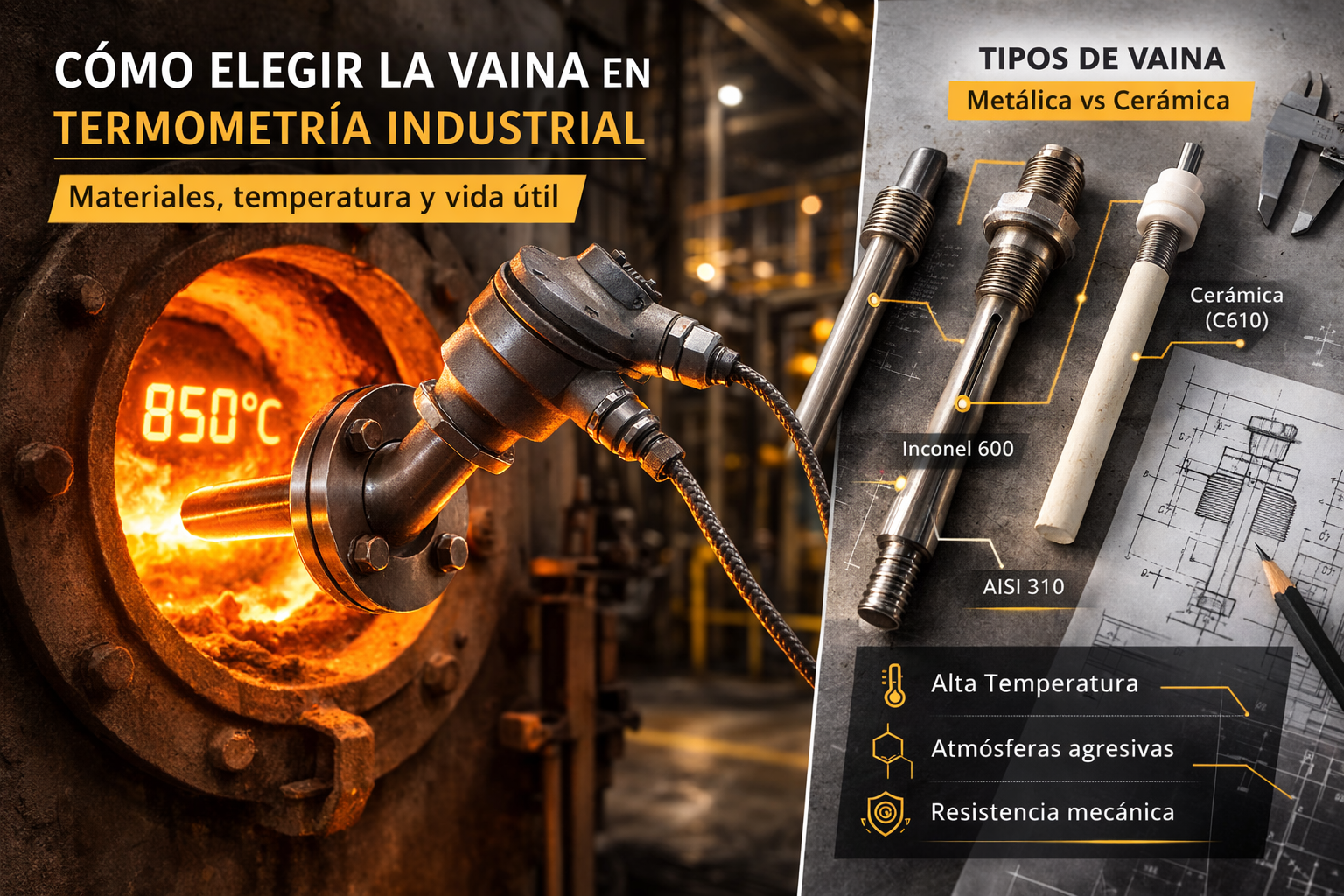 Selección de vaina metálica y cerámica para termopar en termometría industrial de alta temperatura