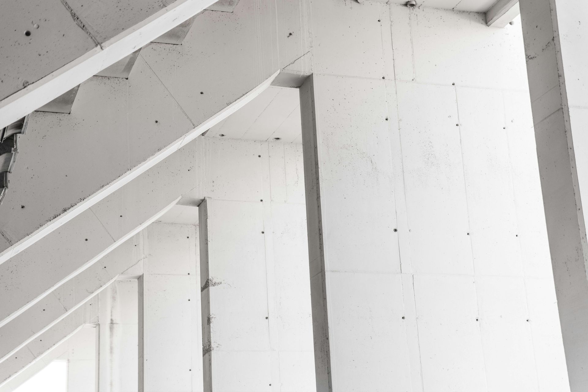 Una fotografía en blanco y negro de una fila de columnas blancas en un edificio.