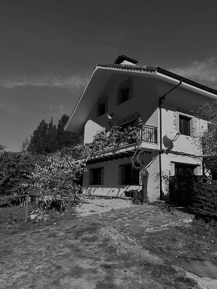 Una casa blanca de dos plantas con tejado a dos aguas, enclavada entre árboles y arbustos bajo un cielo despejado, en blanco y negro.