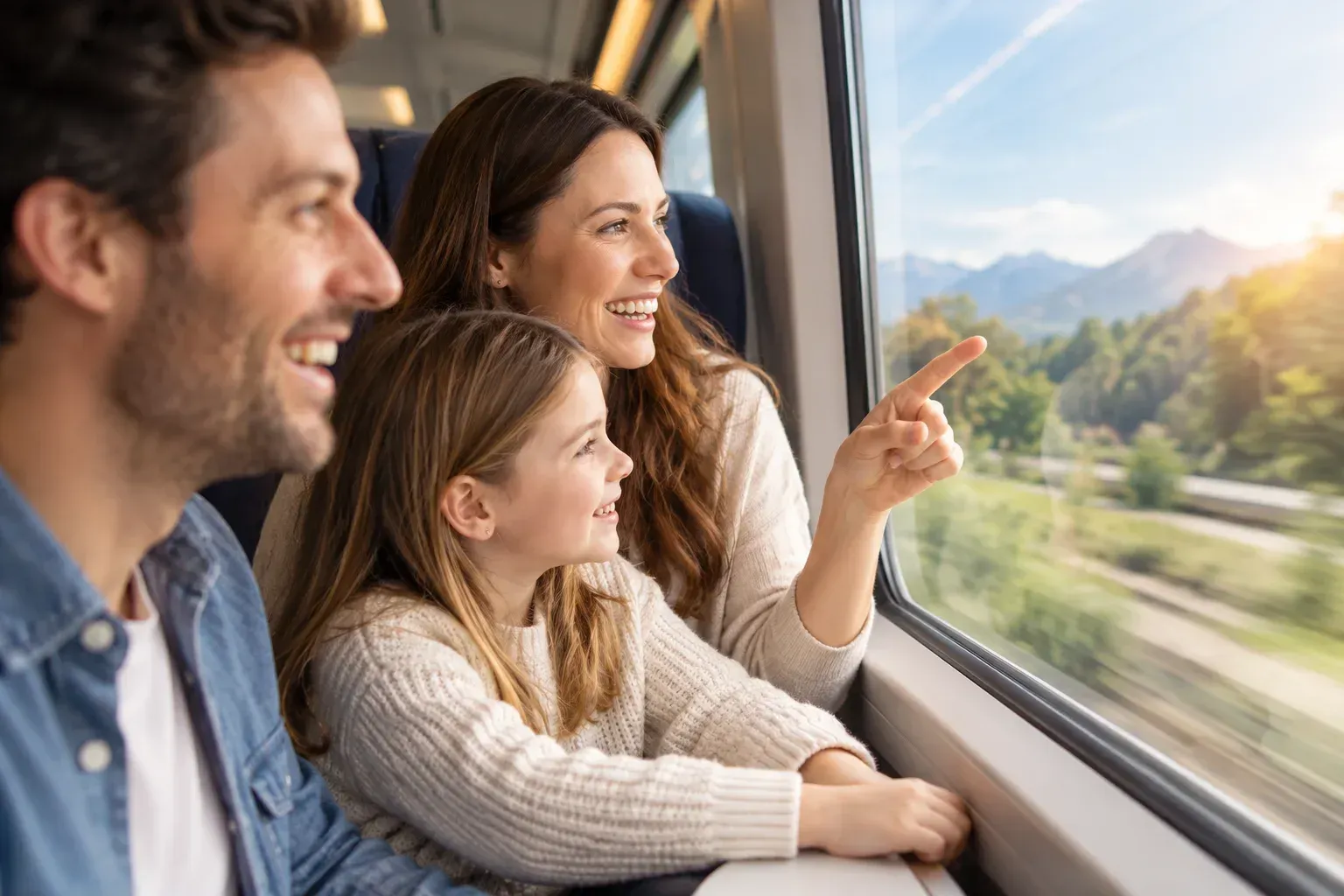 Familia viajando en tren, sonriendo y mirando por la ventana una soleada vista de la montaña.