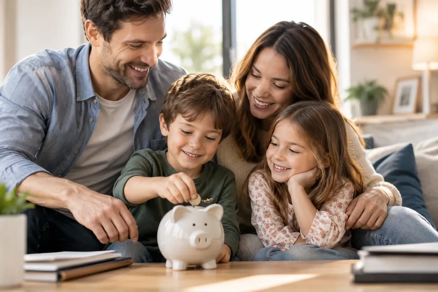 Familia sonriente alrededor de una alcancía sobre la mesa de la sala, contando juntos sus ahorros.