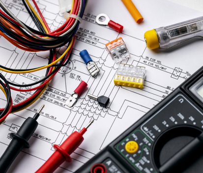 Composants électriques sur un plan : fils, connecteurs, multimètre, testeur de tension.
