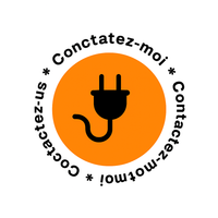 Cercle orange avec icône de prise noire et texte «Contactez-moi» et «Contactez-nous».