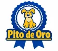 Logotipo azul y dorado de “Pito de Oro” con un perro pequeño dentro de un sello en forma de cinta