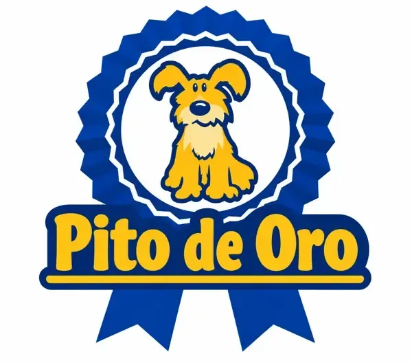 Logotipo azul y dorado de “Pito de Oro” con un perro pequeño dentro de un sello en forma de cinta