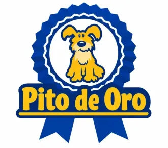 Logotipo azul y dorado de “Pito de Oro” con un perro pequeño dentro de un sello en forma de cinta