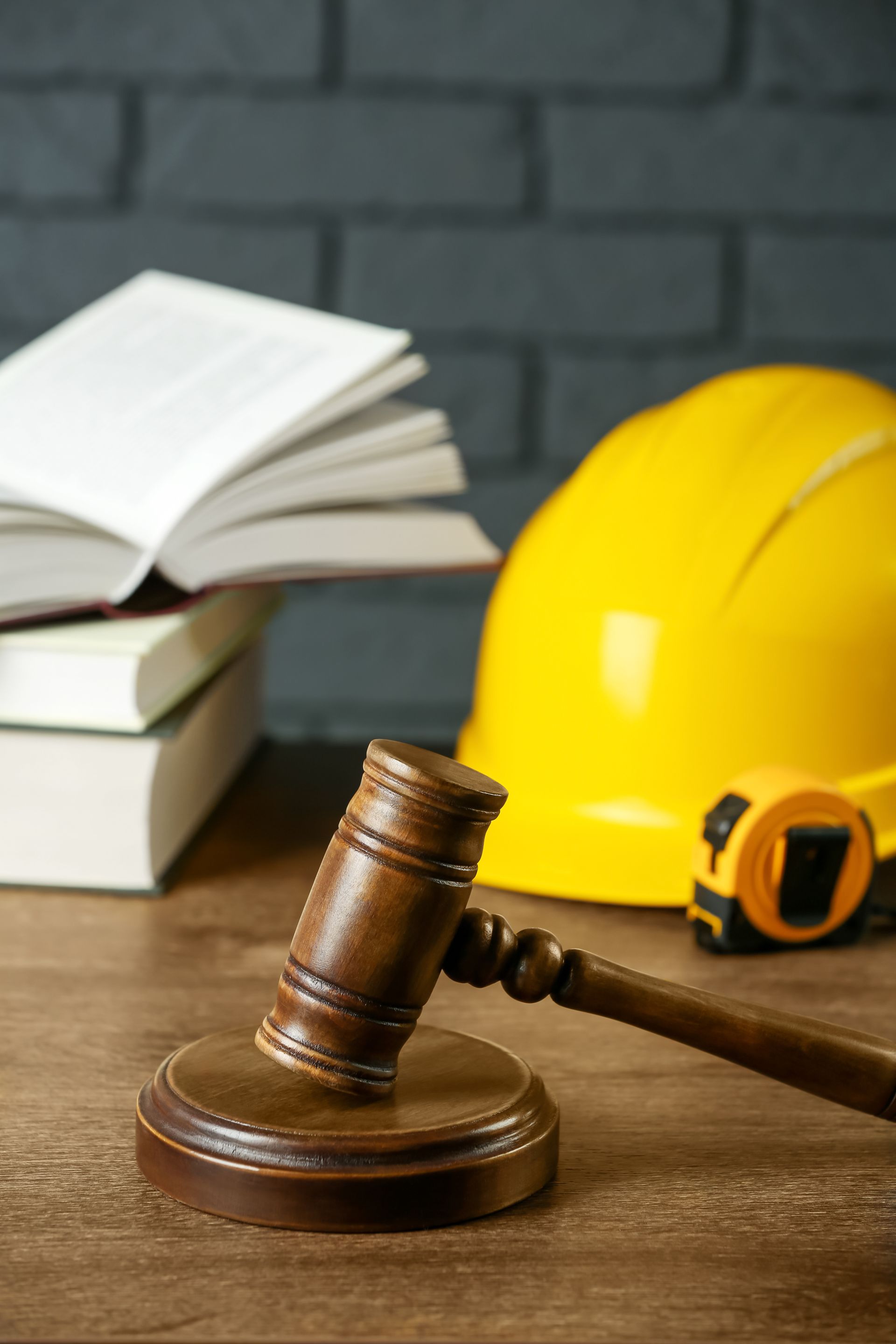 Un maillet en bois, un casque de chantier jaune et des livres sur un bureau.