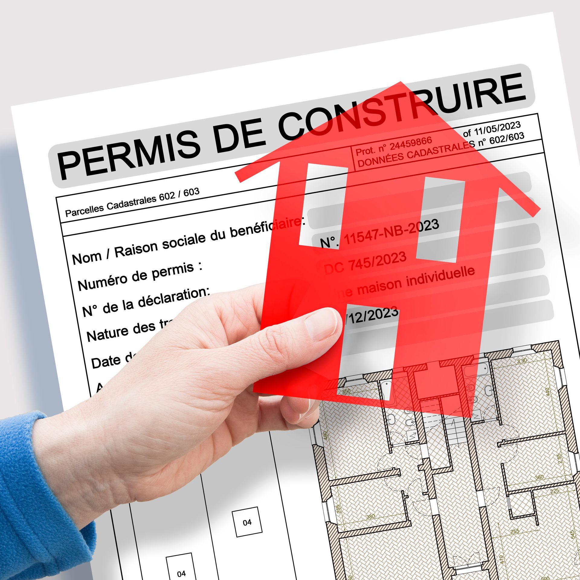 Main tenant un permis de construire français avec une maison rouge superposée.