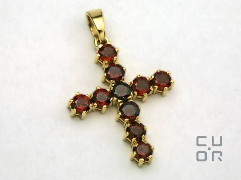 Anhänger Kreuz Gelbgold mit Granat
