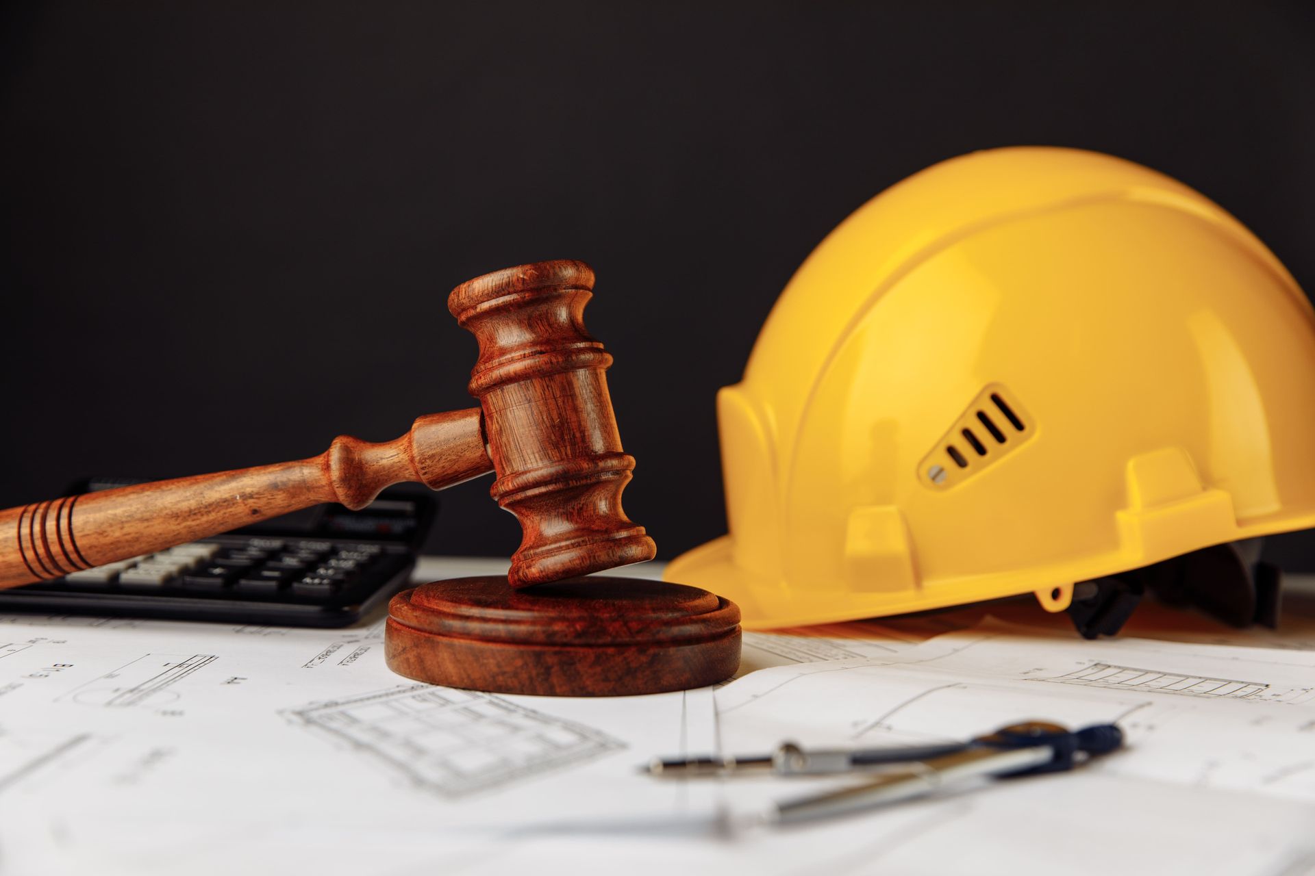 Un mazo, un casco, planos y una calculadora sobre un escritorio, simbolizan la legislación sobre la construcción.