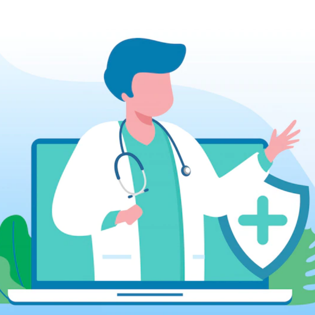 Médico que aparece en la pantalla de una computadora portátil, con un estetoscopio alrededor del cuello y un ícono de escudo para telesalud.