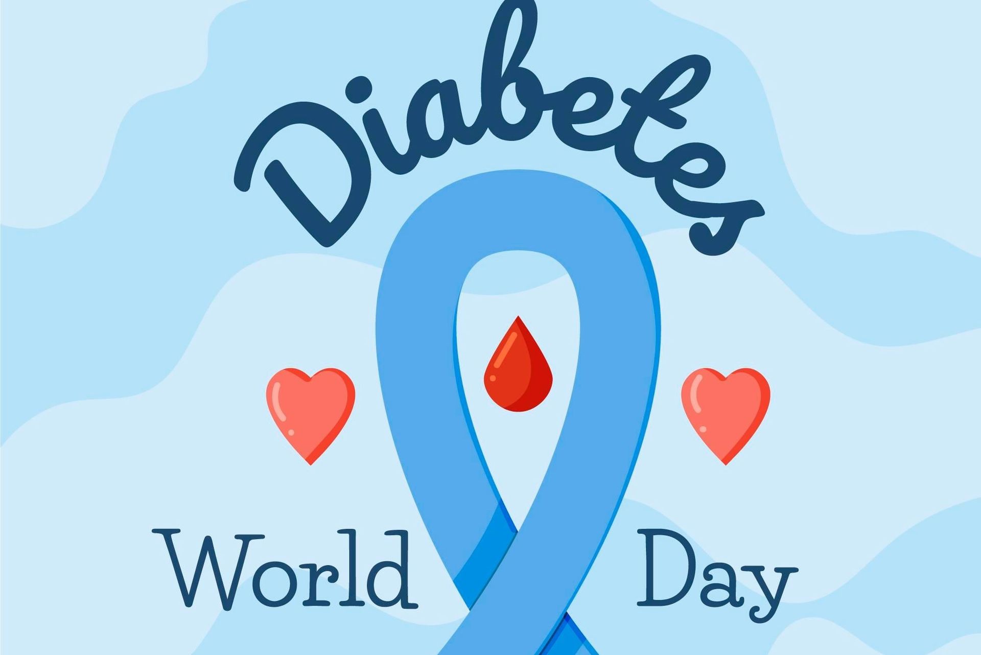 Cinta azul con gota, corazones y texto para el Día Mundial de la Diabetes.