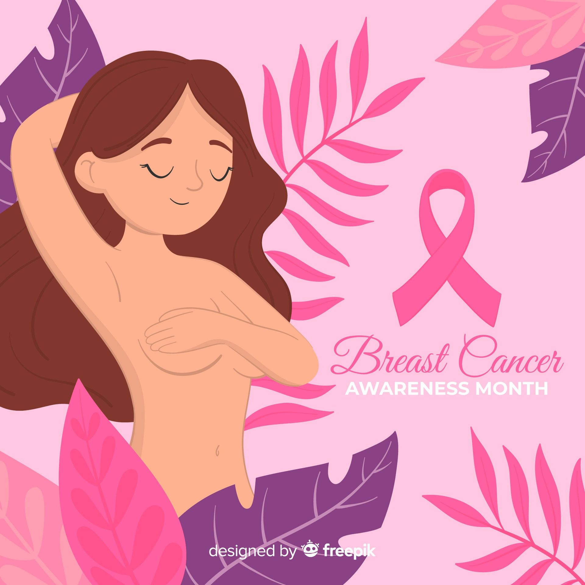 Mujer revisándose el pecho para detectar cáncer de mama, lazo rosa, Mes de Concientización sobre el Cáncer de Mama.