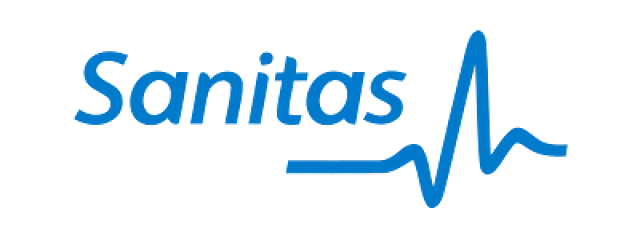 Logotipo de Sanitas: texto azul y línea de latidos del corazón.