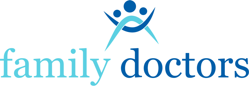 Logotipo para médicos de familia: texto azul y verde azulado con un ícono familiar estilizado encima.