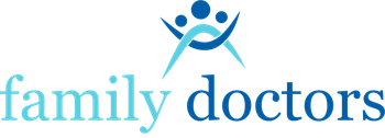 Logotipo para médicos de familia: texto azul y verde azulado con un ícono familiar estilizado encima.