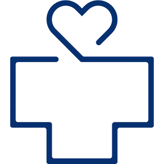 Cruz médica azul con un corazón encima.