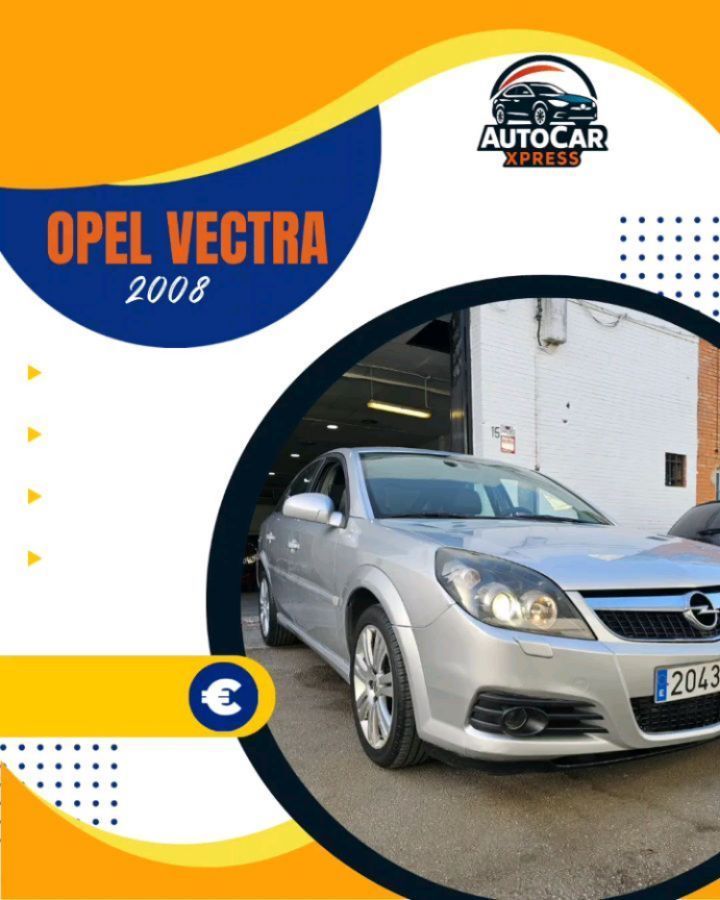 Póster para Autocar Express, Opel Vectra 2008. Coche plateado en un garaje. Combinación de colores azul, amarillo y blanco.