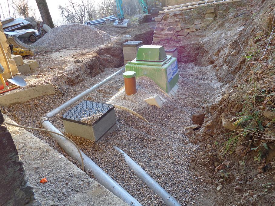 Tranchée remplie de gravier avec des boîtiers et des tuyaux verts à côté d'un chantier de construction excavé