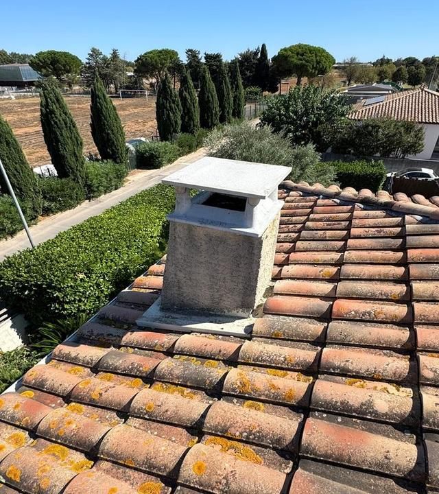 Toiture en tuiles avec une cheminée blanche, donnant sur un quartier résidentiel ensoleillé et arboré