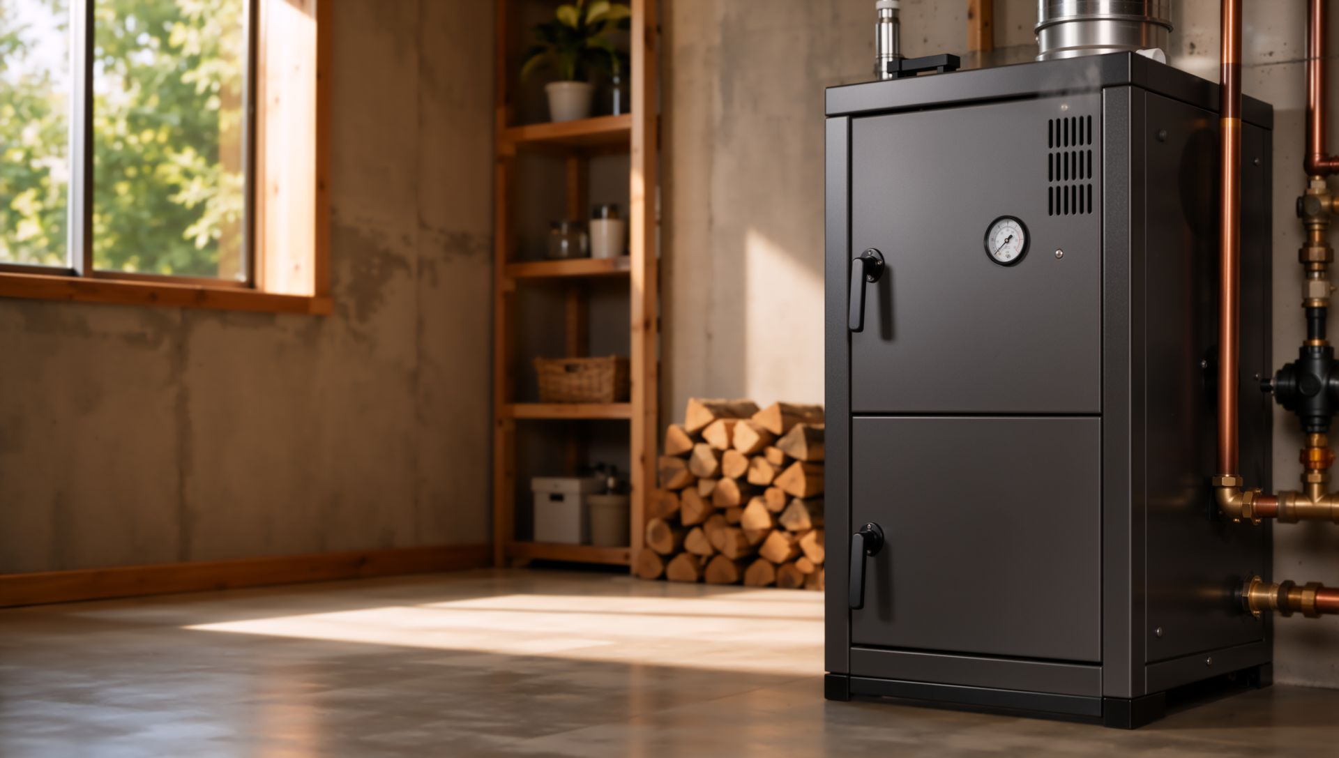 Chaudière noir moderne dans une pièce chaleureuse avec du bois de chauffage empilé