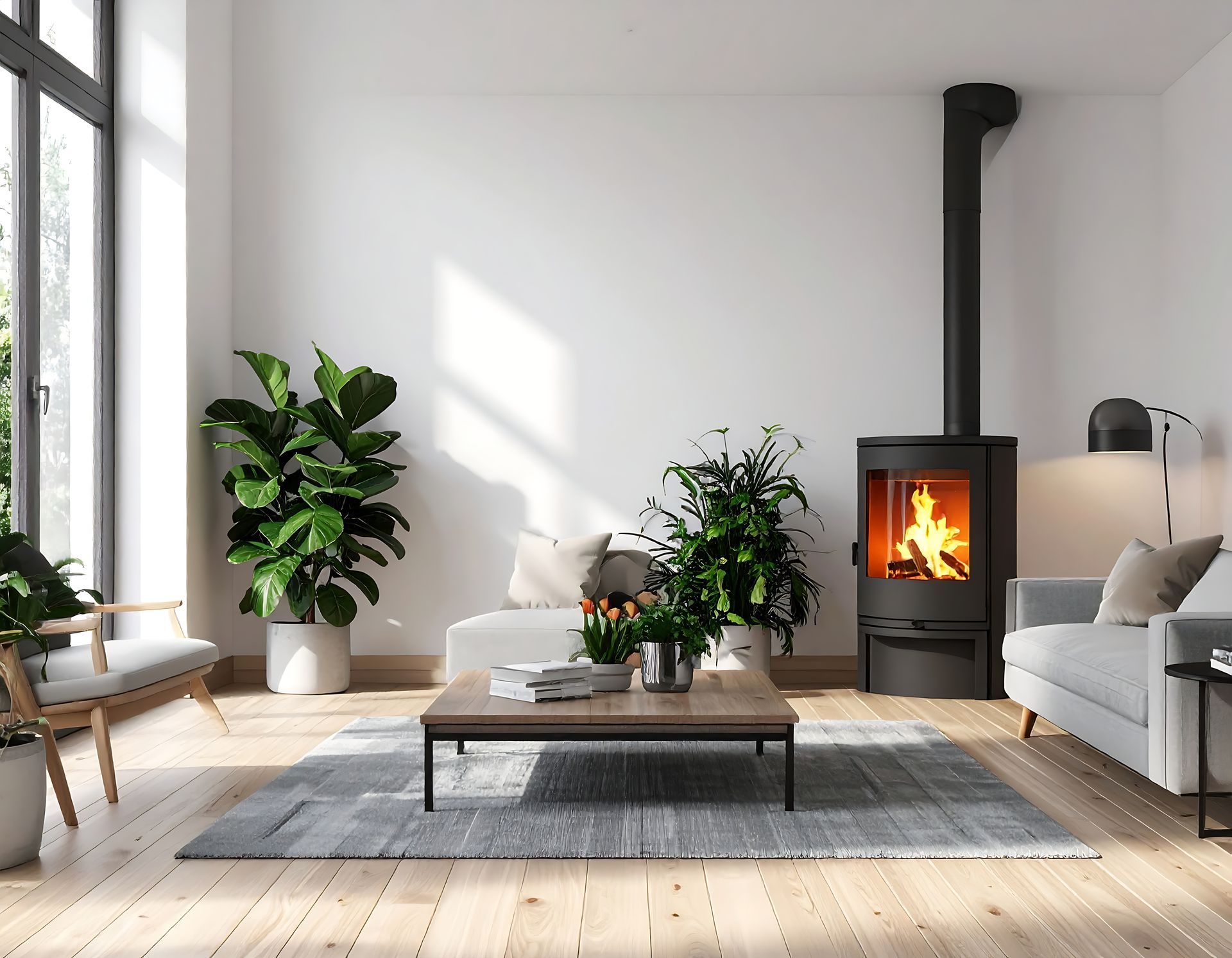 Salon moderne et lumineux avec canapé gris, poêle à bois, plantes, table basse et lumière naturelle grâce à de grandes fenêtres.