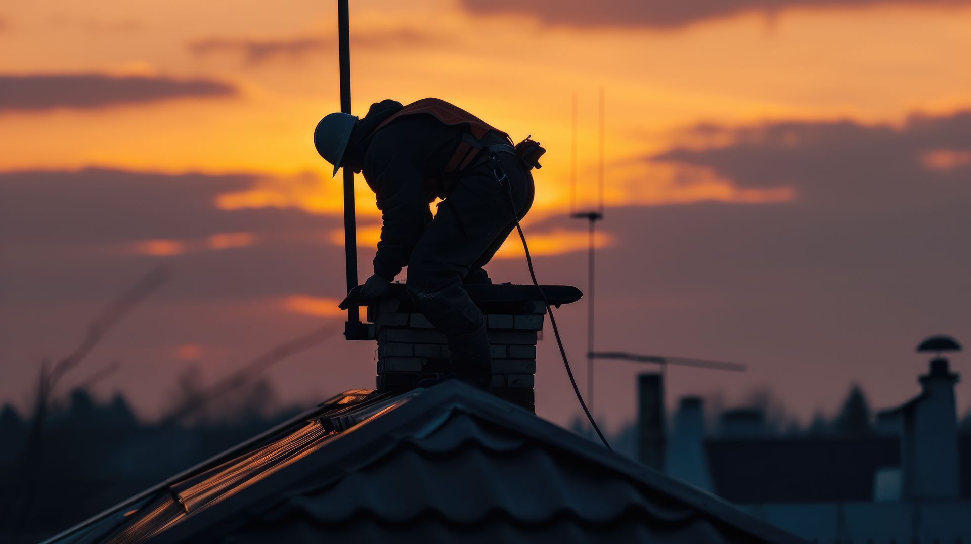 Silhouette d'un ramoneur travaillant sur un toit au coucher du soleil