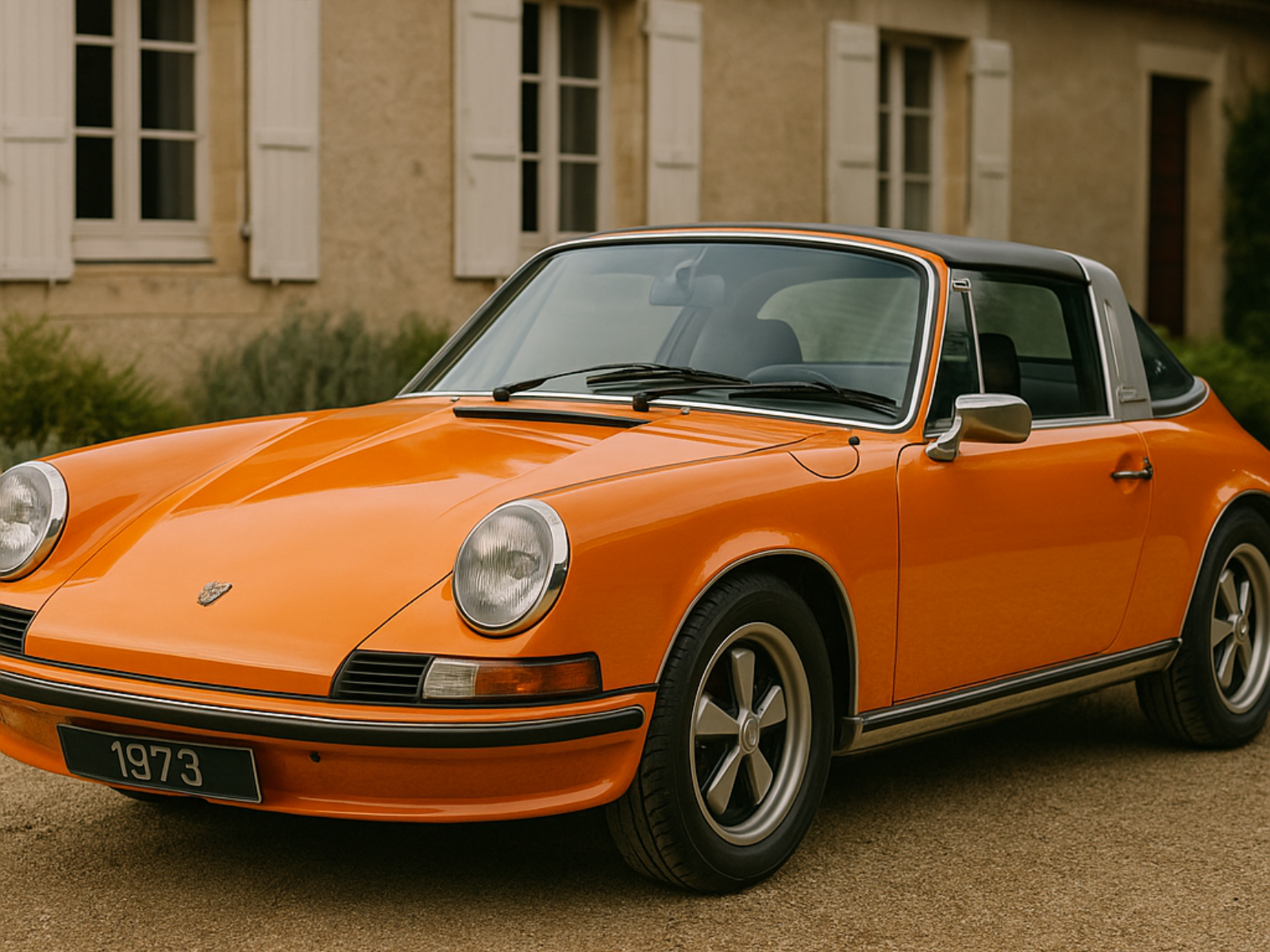 Une Porsche Targa orange est garée devant une maison