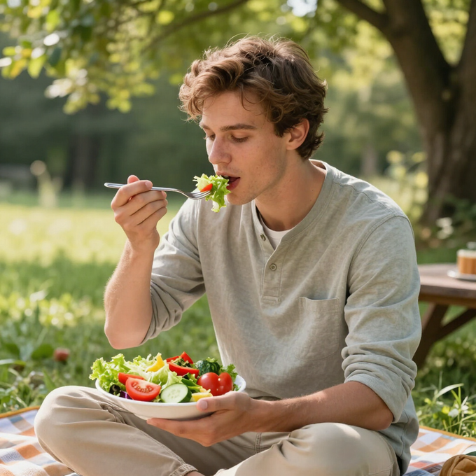 Hombre sonriente con camisa verde sosteniendo un tazón de ensalada al aire libre