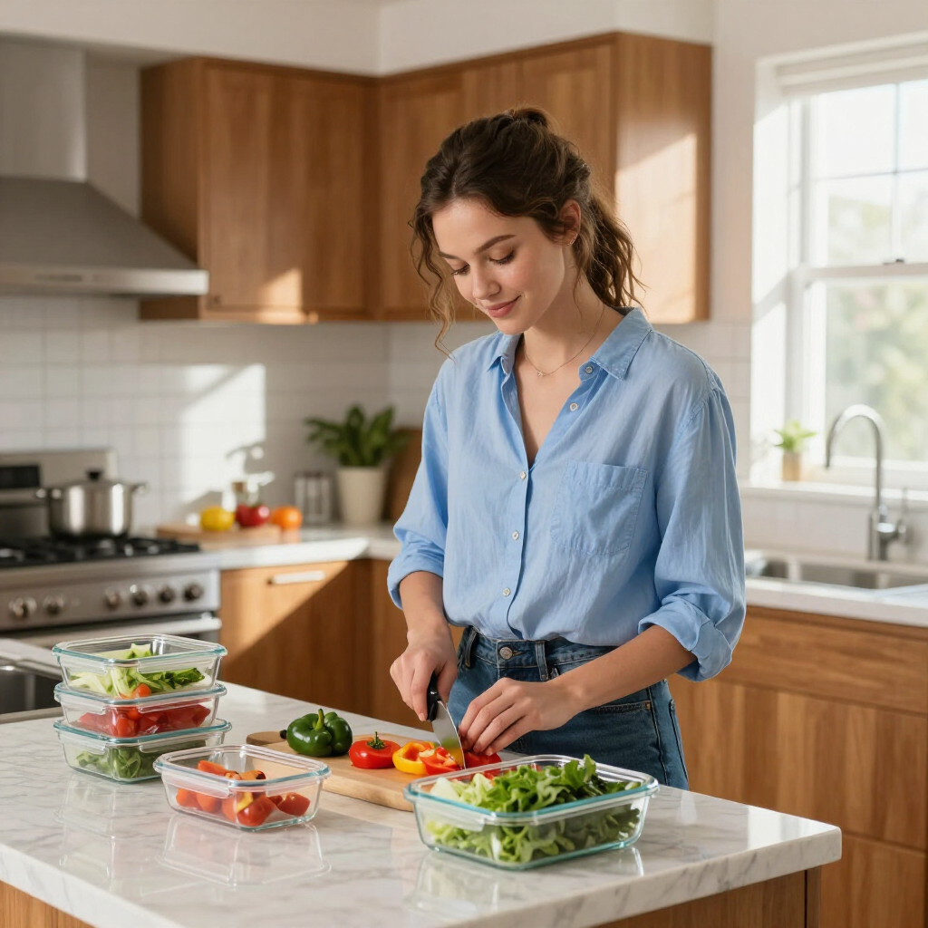 Mujer sonriendo mientras coloca recipientes para preparar comidas saludables con verduras sobre una mesa.